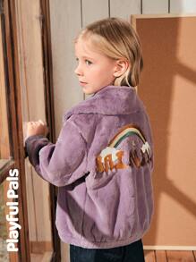 SHEIN 1 pieza Chaqueta para niña con bordado de arcoíris en la espalda, estilo lindo/retro/casual/para el hogar/para exteriores en invierno/otoño - Morado - Ver 1