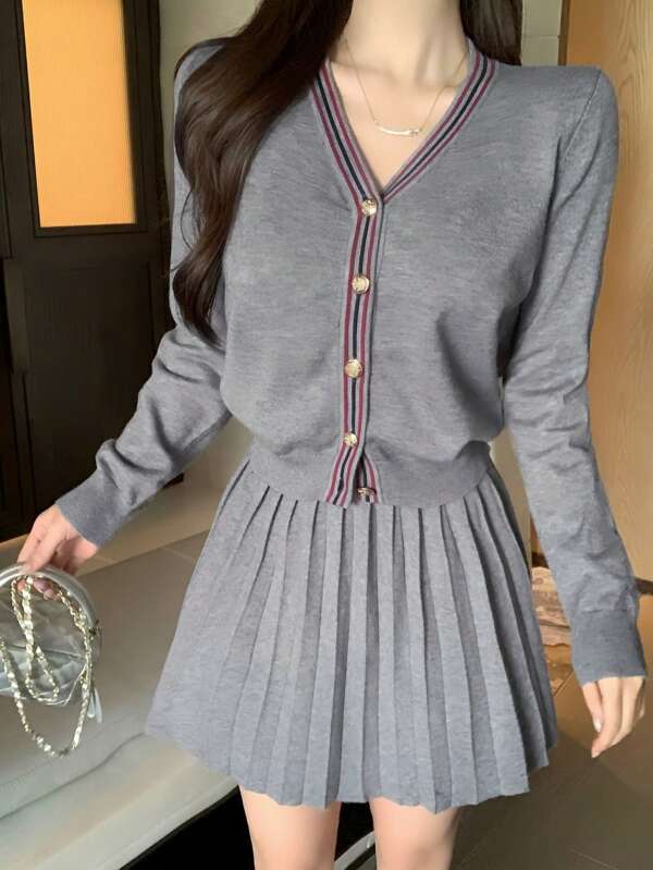 DAZY Women's New Striped Patchwork Front Button Cardigan And Knitted Skirt 2 Pieces Set, Autumn,Fall Women Clothes Women Sweater