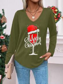 SHEIN LUNE Women V-Neck Long Sleeve Casual Wine Glass Print Top, Minimalist Daily Wear Graphic Tees Women Tops For Spring - Army Green - View 3