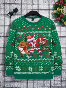 Manfinity Men's Santa Claus Print Crew Neck Long Sleeve Casual Sweatshirt For Autumn - Green - View 1
