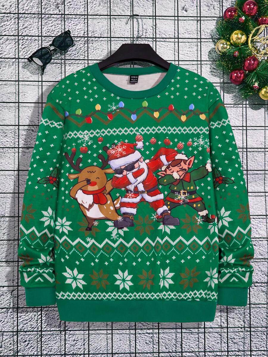 Manfinity Men's Santa Claus Print Crew Neck Long Sleeve Casual Sweatshirt For Autumn - Green - View 1