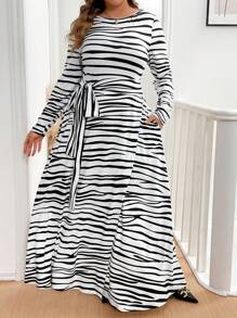 SHEIN Clasi Plus Size Autumn Casual Color Block Striped Dress - Black and White - View 3