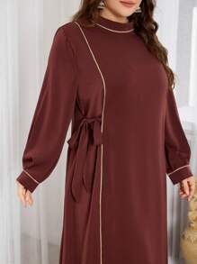 Al Najma Plus Size Women  Style Woven Belt Decor Single Tie Arabian Dress, Casual Modest Tunic Arabian Dresses, For Casual Daily - Coffee Brown - View 4