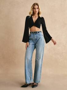 Poéselle Blusa corta con manga de volantes y detalle de nudo delantero, top corto, manga de gasa, semi-transparente, ropa de verano