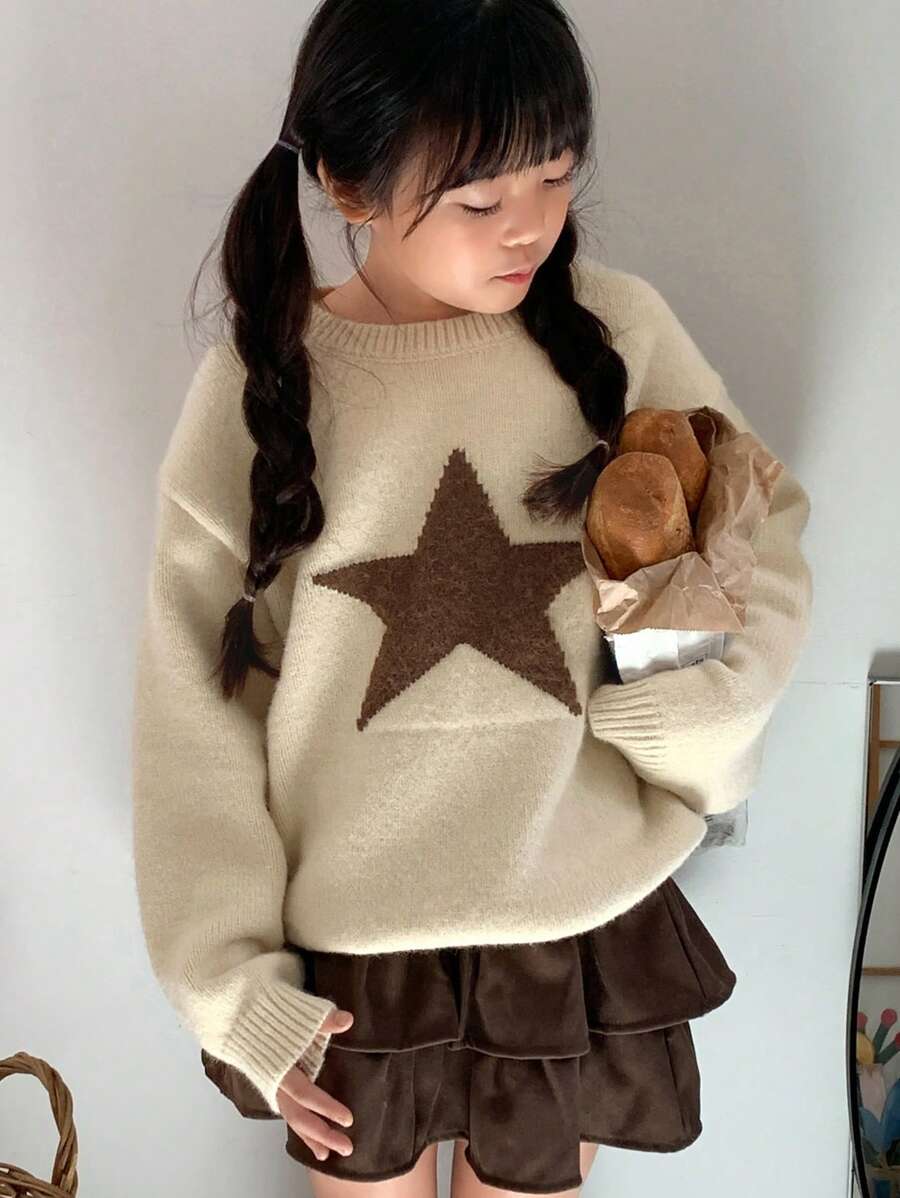 Dazy Kids Tween Girl Star Pattern Crew Neck Sweater, For Everyday Wear In Autumn/Winter