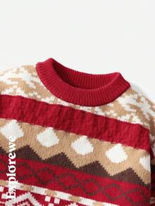 SHEIN Young Boy Casual Colorblock Geometric Jacquard Crew Neck Sweater, Autumn/Winter Fall - Red - View 3
