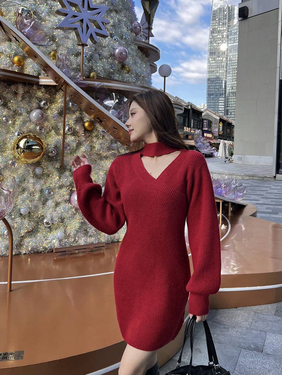 INAWLY Women Drop Shoulder Long Sleeve Solid Color Short Sweater Dress, Fashion Style For Autumn/Winter