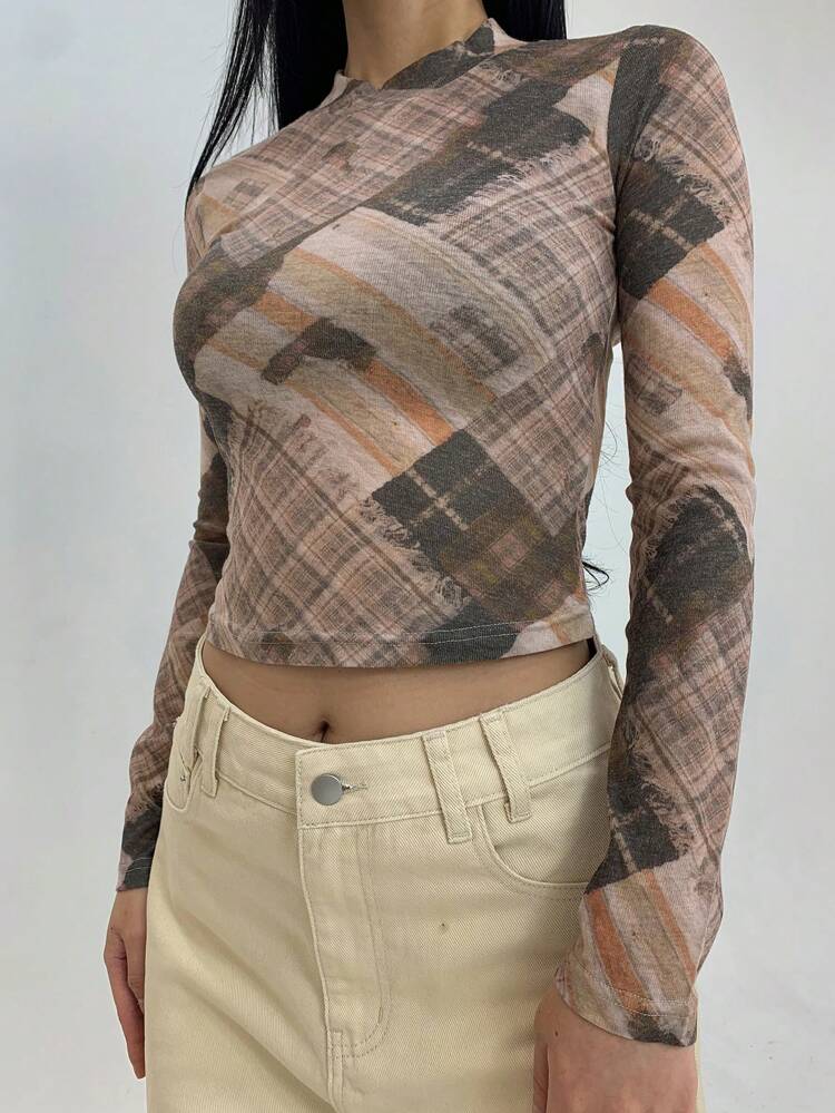 Women's Plaid Print Round Neck Long Sleeve Cropped Fashionable Blouse, Autumn
