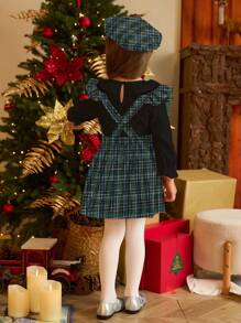 SHEIN 2pcs/Set Christmas Young Girls Autumn/Winter Elegant Ruffle Collar Long Sleeve Top & Plaid Dungaree Skirt, Comes With Plaid Bow Beret