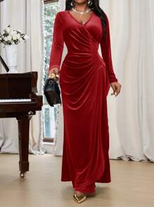 SHEIN Lady Autumn And Winter Elegant Party Navy Blue Knitted Velvet V Neck Wrap Draped Long Long Sleeve Plus Size Dresses