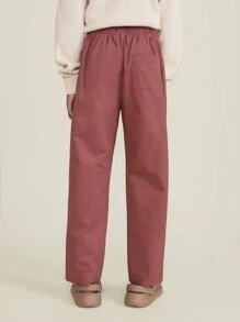 SHEIN Tween Boy Red Casual Everyday Pleated Relaxed Straight Leg Trousers, Autumn/Winter - Brown - View 2