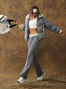 VARSITIE Contrast Color High Collar And Long Sleeves For Warmth Women Sports Winter Coats - Grey - View 5