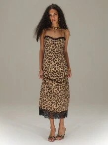 SHEIN Unity Leopard Print Chiffon Contrast Lace Strappy Dress Maxi Women Outfit Cheetah Print - Brown - View 3
