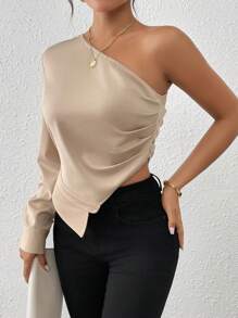 Chiquease Women Solid Color Sexy One Shoulder Pleated Asymmetrical Hem Long Sleeve Blouse Top,Christmas Shirt,Satin Shirt Fall Cloth For Women - Champagne - View 6