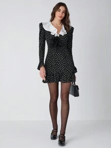 Enchnt 女士花卉印花荷叶边下摆优雅长袖 - 黑色 - 查看 6