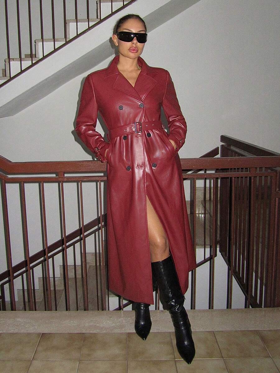 SHEIN ICON Women's Long Sleeve Turn-Down Collar Double-Breasted Long Jacket, Stylish Street Fashion, Autumn - Burgundy - View 1