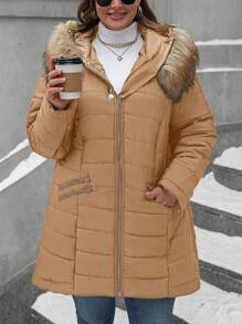 SHEIN LUNE 大码女式拉链加厚棉服外套，纯色长袖连帽休闲外套，冬季服装 - 駝色 - 查看 5
