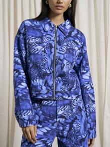 AiiRZ Rave Floral Lasered Denim Zip Up Jacket With Wide Leg Barrel Jeans Two-Piece Co-Ord Set - Blue - View 3