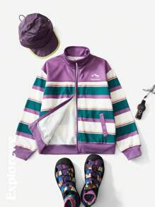SHEIN Boys' Oversized Striped American Style Jacket, Suitable For Outdoor Hiking, Autumn/Winter