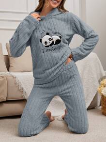 EURMUSE 2-teiliges Pyjama-Set aus Plüsch mit Panda-Stickerei-Detail - Graublau - Übersicht 5