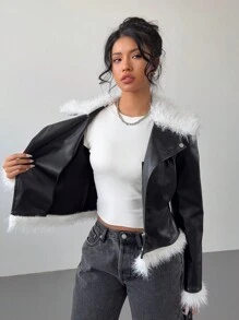 Aloruh 新款秋冬女士 PU 拼接蓬蓬领皮夹克