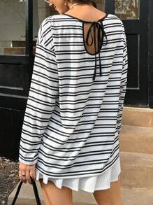 INAWLY Black & White Striped Open Back Tie Loose Fit Round Neck Casual Long Sleeve T-Shirt Fall Cloth For Women - Black and White - View 2