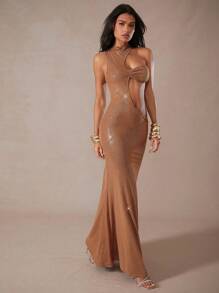 SHEIN Unity Disco Hollow Out Mock Neck Sleeveless Dress - Brown - View 3