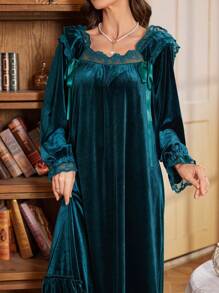 Ladies Long Sleeve Velvet Nightgown With Lace Splice, Square Neckline, Satin Ribbon And Bow Decor, For Fall Winter - Dark Green - View 5