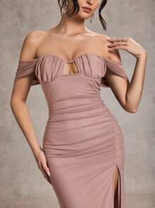 SHEIN BAE Autumn/Winter Solid Color Purple, Purplish Gray, Lotus Root Pink Fitted Ruched Long Sleeve Dress, Suitable For Graduation Party, Formal Occasions, Cocktail Party, Romantic Date, Autumn/Winter Underdress, Gathering Party, Nightclub Party, Formal Gathering, Bridesmaid Mini Dress, Evening Dress, Halloween Dress, Christmas Dress