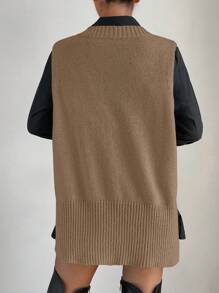 SHEIN PETITE 女士 V 领无袖侧开衩纯色时尚宽松休闲针织套头背心 - 咖啡棕 - 查看 2