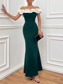EURMUSE Two Tones Off Shoulder Ruffle Trim Bodycon Dress, Elegant Dress - Dark Green - View 7