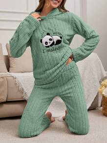 SHEIN Cottnline 2Pcs Pelush Panda Embroidery Detail PJ Set - Green - View 5