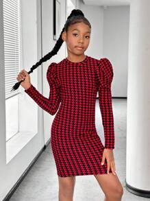 Vestido de manga larga con cuello redondo, de estilo callejero de moda de lana a cuadros para niñas preadolescentes