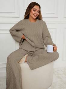 RueChic 2pcs Solid Color Rib Knit Crew Neck Long Sleeve Top And Pants Sweater Set For Women - Mocha Brown - View 4