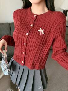 DAZY Textured Cable Knit Embroidery Letter Cardigan Sweater, Christmas Wear For Women ,Holiday