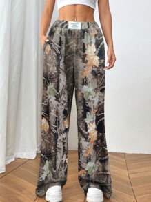 Chiquease Women's Leaf Printed Elastic Waist Pockets Sweatpants