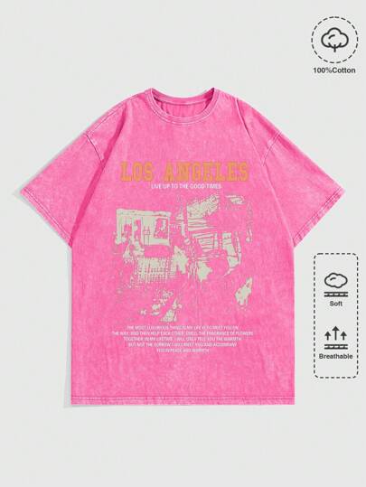 ROMWE MEN Street Life Spring/Summer Casual Graphic Pink Men'S Slogan Print T-Shirt, School