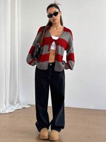 Flirla Cárdigan holgado con contraste de color y rayas con nudo para mujeres de moda - Multicolor - Ver 4