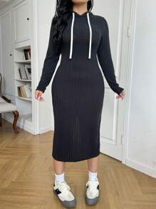 SHEIN EZwear 大码女士冬季连衣裙、女士长袖连衣裙、休闲连衣裙、黑色羊毛保暖连衣裙、寒冷天气秋季服装