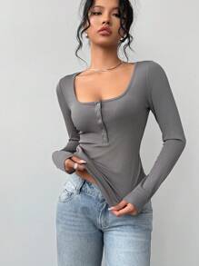 SHEIN BASICS 3pcs/Set Women's Casual Plain Knit Long Sleeve Fitted Crew Neck Half-Open Front T-Shirt