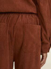 SHEIN Tween Boy Brown Corduroy Straight Slim Fit Casual Trousers, Autumn/Winter - Brown - View 4