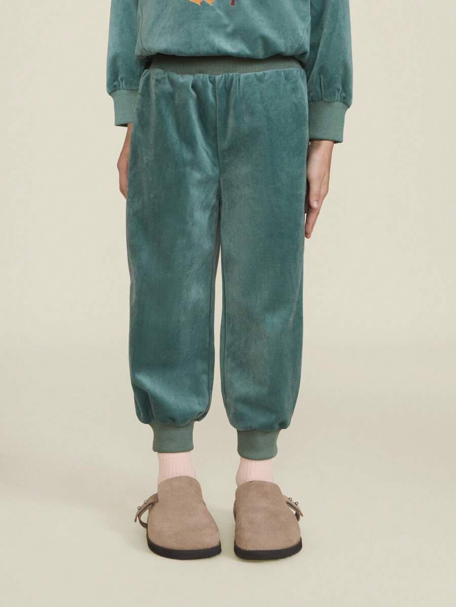 SHEIN Young Girl Solid Green Velvet Casual Sweatpants With Cuffed Hem, Fashionable & Minimalistic - Green - View 1