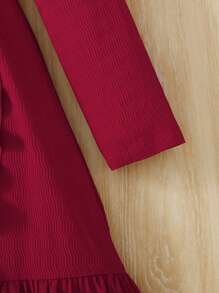 SHEIN Teen Girl Red Woven Textured Jacquard Wave Pattern Tie-Waist Ruffle Trim Long Sleeve Elegant Retro Casual Dress - Red - View 4