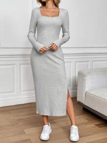 SHEIN LUNE Square Neck High Slit Waist Cinched Casual Commuting Elegant Outgoing Sports Home Comfortable Autumn Winter Warm Lining Women Midi Dress