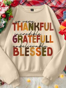 SHEIN CURVE+ Plus Size Women Minimalist Thanksgiving Text Print Loose Fit Crew Neck Long Sleeve Pullover Sweatshirt - White - View 2