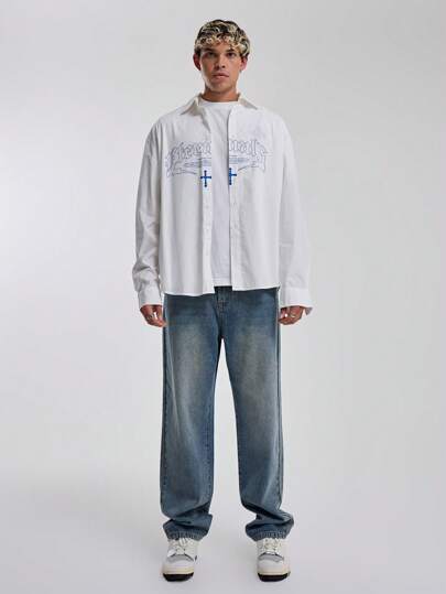 Musero Light Weight Oversized Long Sleeve Button Through Collared Graphic Shirt Top SPRING SUMMER Essentials