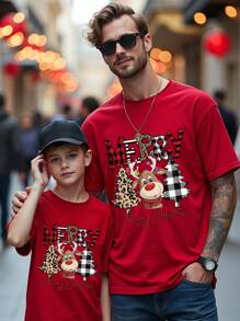 SHEIN 圣诞节男士休闲时尚创意可爱驯鹿和圣诞老人图案基本款短袖 T 恤 - 酒紅色 - 查看 4