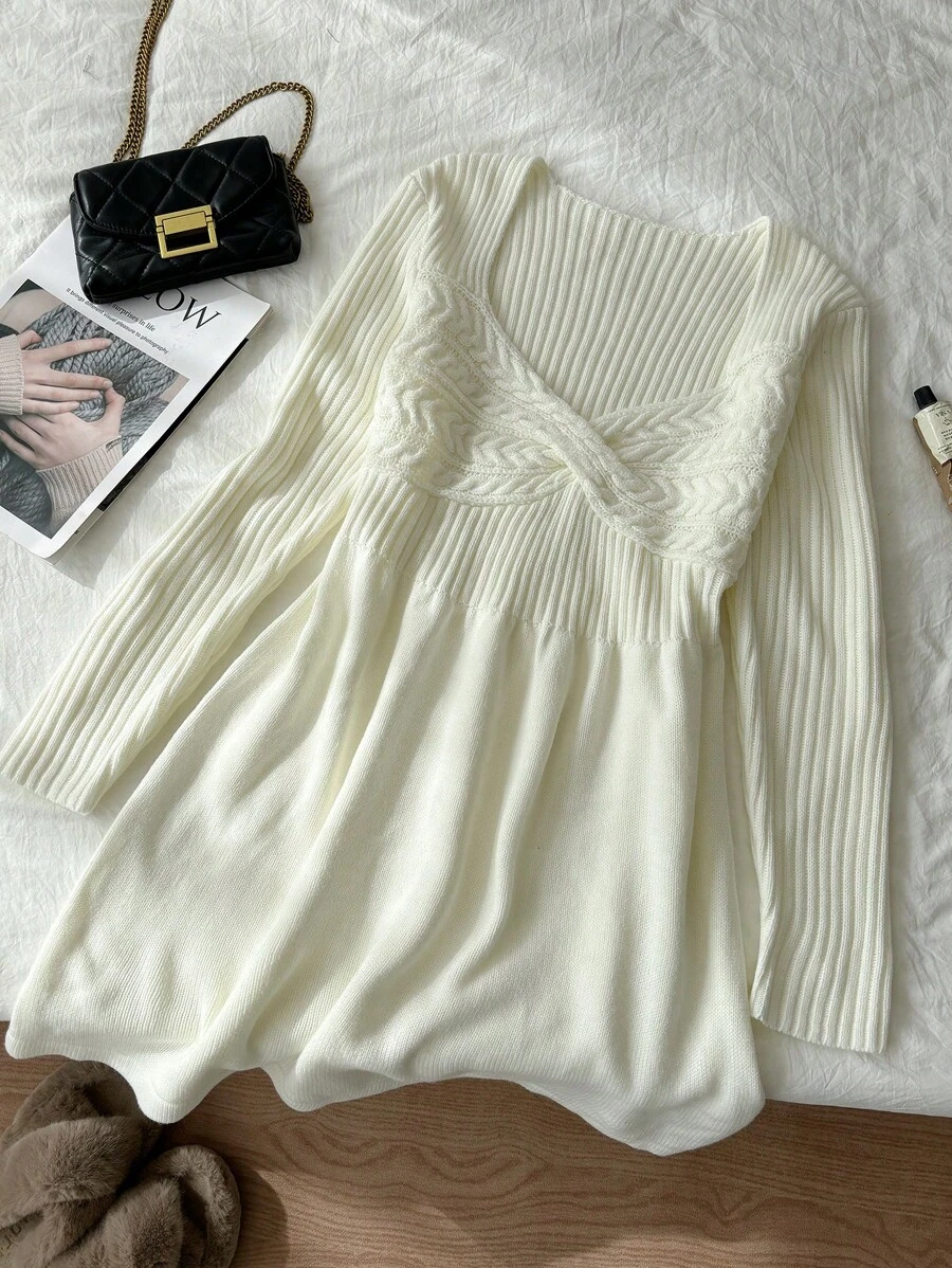 SHEIN Frenchy Plus Size Elegant Commute Office Professional Refined High-End Venue Exquisite Afternoon Tea Small Sexy Date Music Concert Party Home Women Chest Bowknot A-Line Long Sleeve Sweater Dress, Mini, Holiday, New Year, Party, Office, Elegant - Apricot - View 1