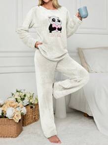SHEIN Cottnline 2Pcs Pelush Panda Embroidery Detail PJ Set - White - View 4