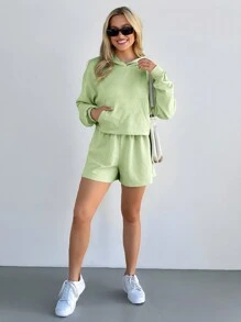 SHEIN LUNE 2pcs Women's Textured Long Sleeve Hoodie & Drawstring Waist Shorts Set - Green - View 1